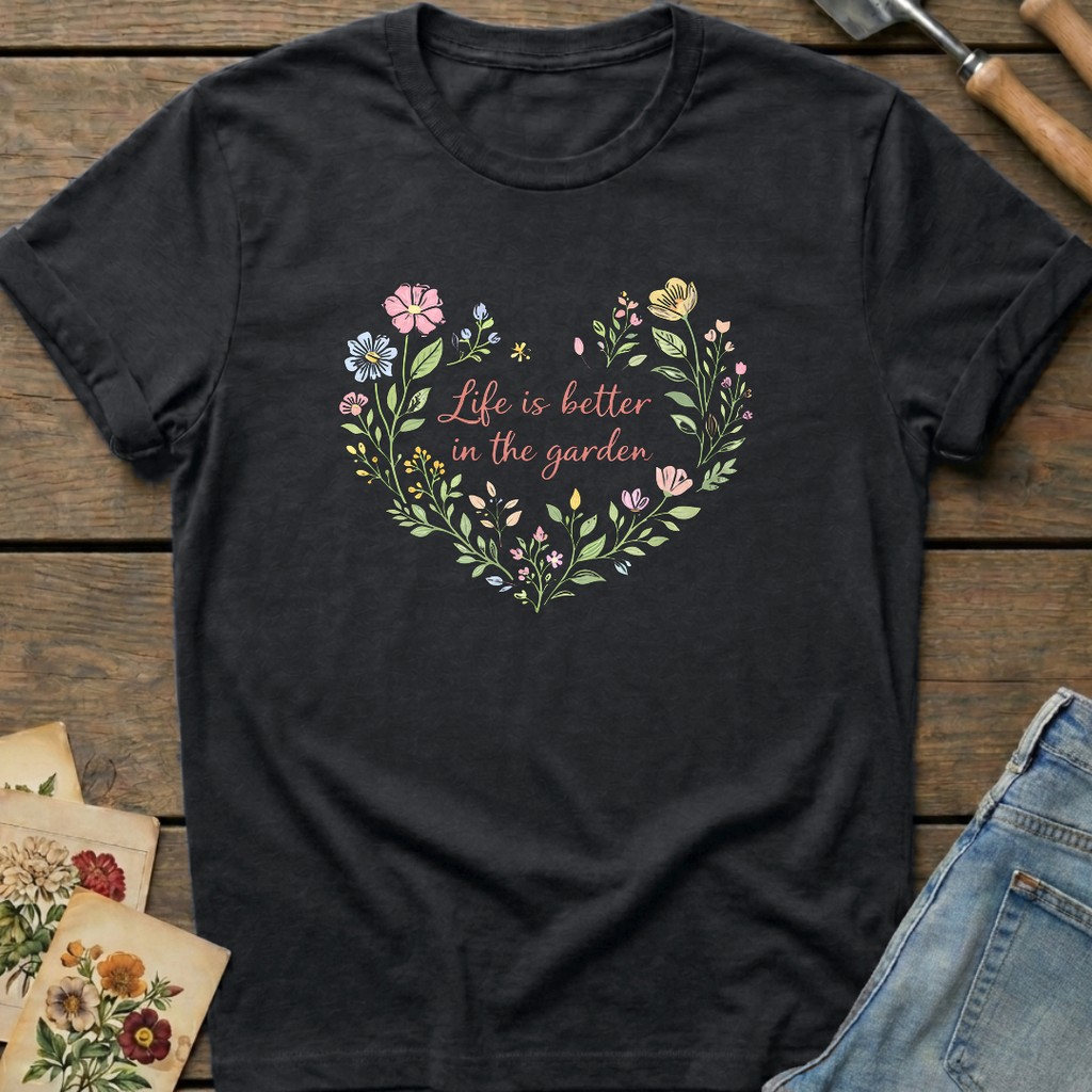 Life Better Garden T-Shirt in Black - Comfort Colors 1717 flat lay
