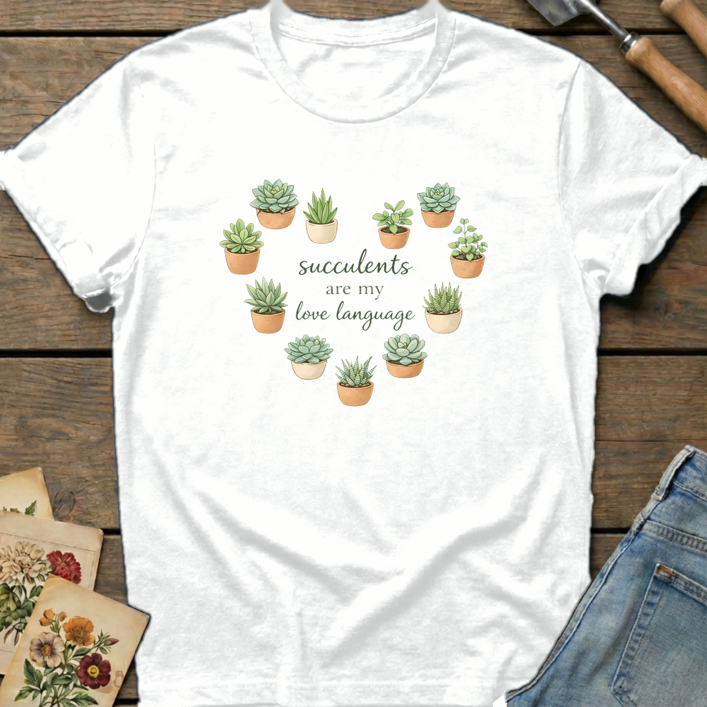 Succulents Love Language T-Shirt in White - Comfort Colors 1717 flat lay