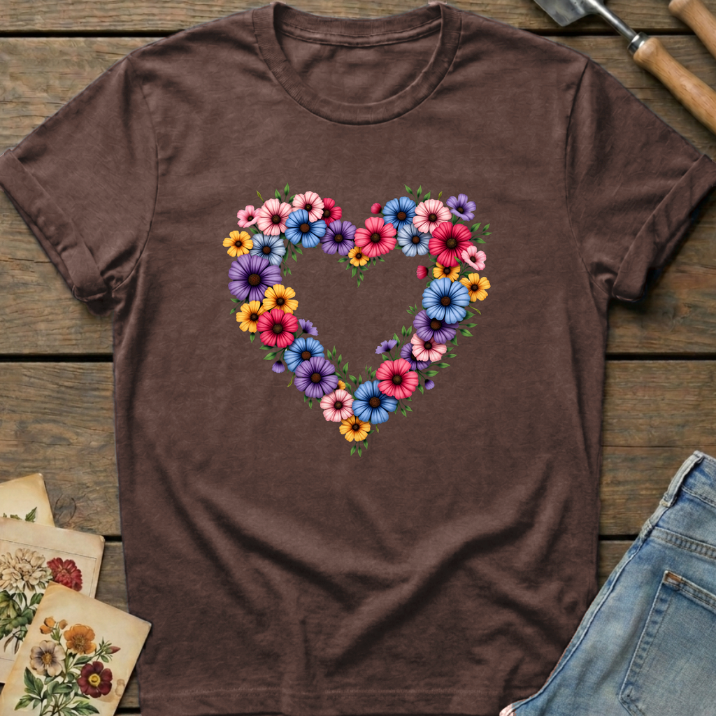 Heart Flowers T-Shirt in Espresso - Comfort Colors 1717 flat lay