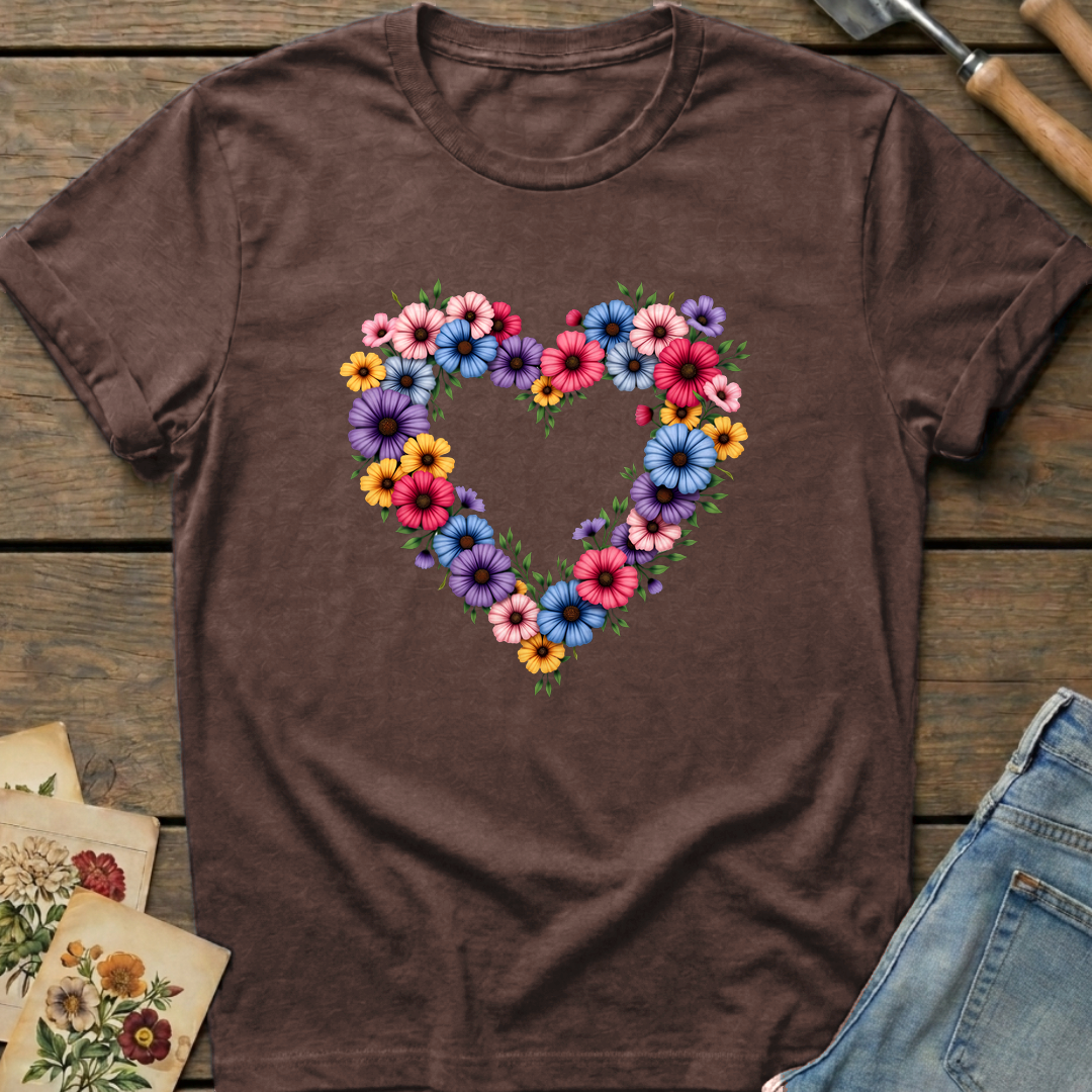 Heart Flowers T-Shirt in Espresso - Comfort Colors 1717 flat lay