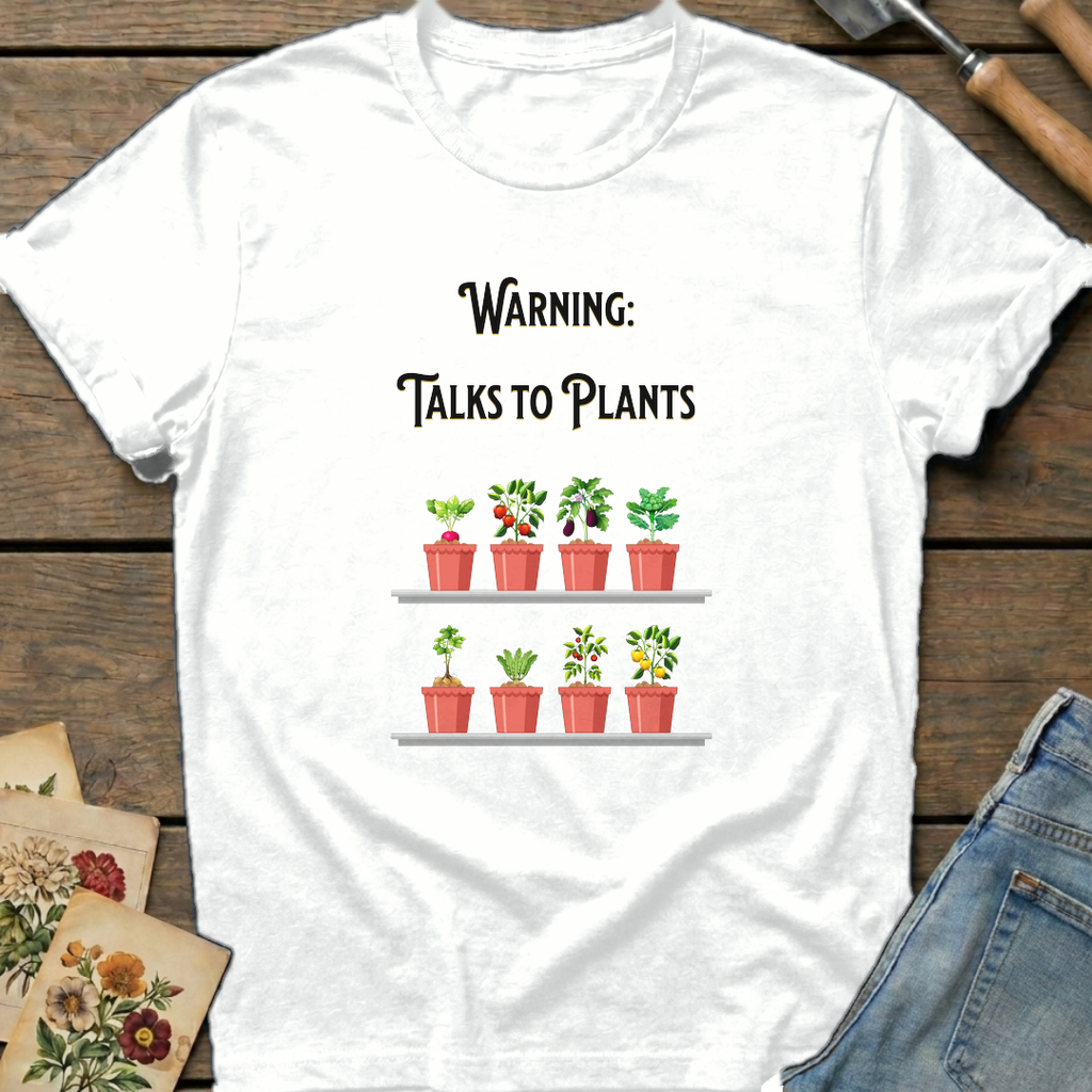 Warning Talks to Plants T-Shirt in White - Comfort Colors 1717 flat lay