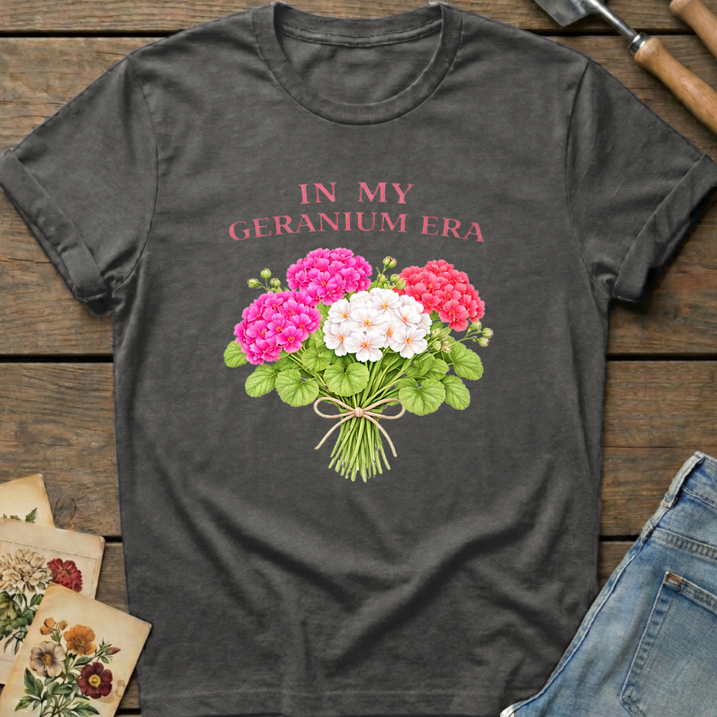 In My Geranium Era T-Shirt in Pepper - Comfort Colors 1717 flat lay