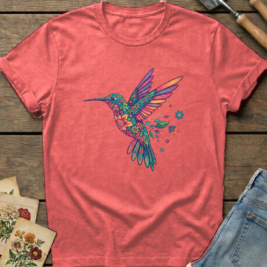 Gem Flower Hummingbird T-shirt in Watermelon - Comfort Colors 1717 flat lay