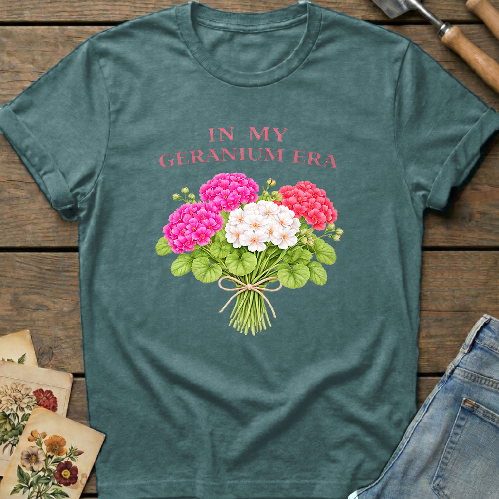In My Geranium Era T-Shirt in Blue Spruce - Comfort Colors 1717 flat lay