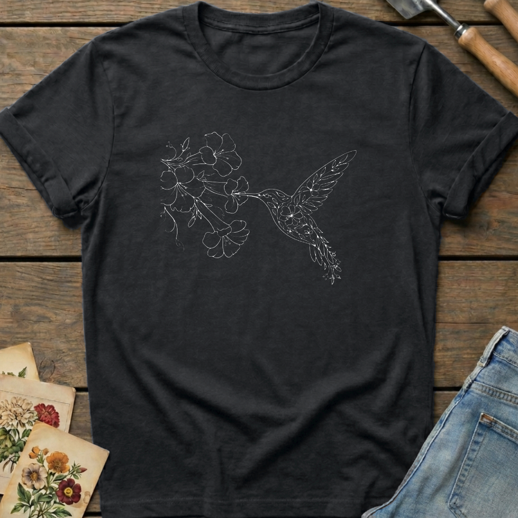 Hummingbird Trumpet Vine T-Shirt in Black - Comfort Colors 1717 flat lay