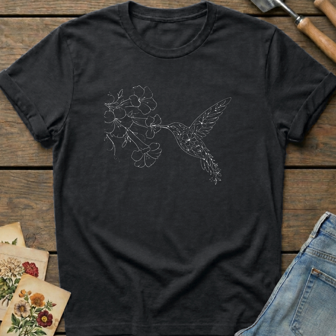 Hummingbird Trumpet Vine T-Shirt in Black - Comfort Colors 1717 flat lay