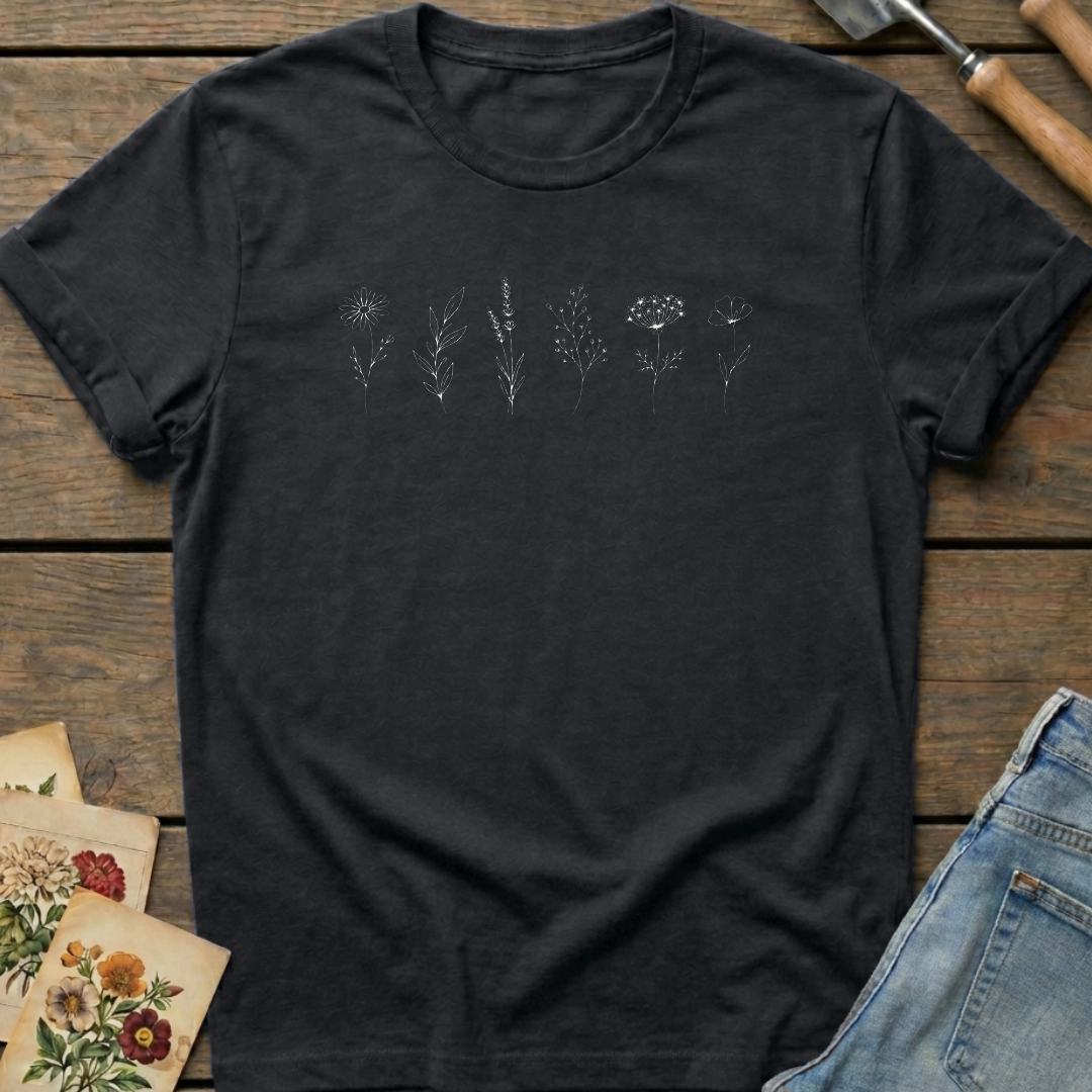 Simple Flower Line T-Shirt in Black - Comfort Colors 1717 flat lay