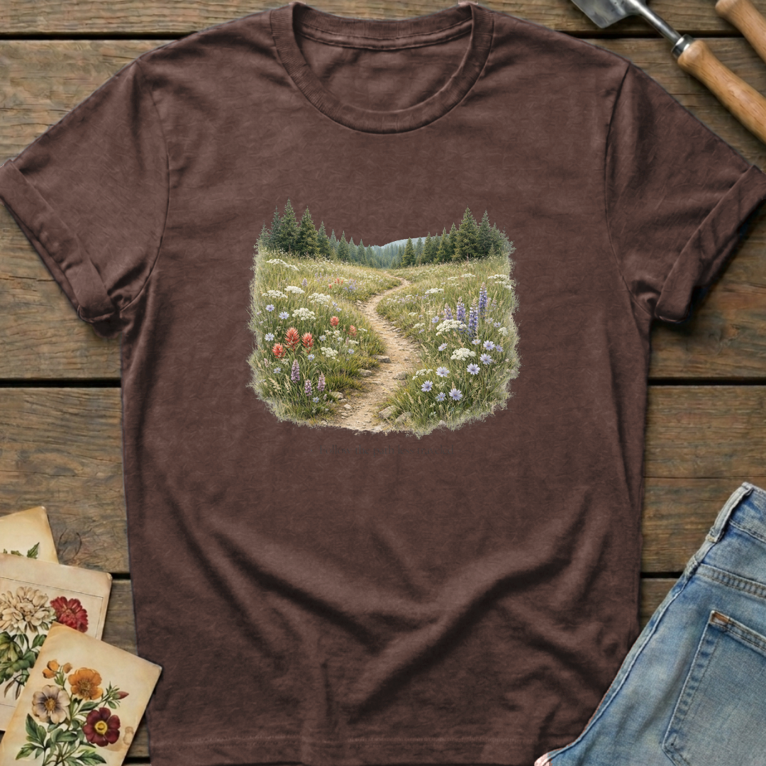 Follow the Path Less Traveled T-shirt in Espresso - Comfort Colors 1717 flat lay