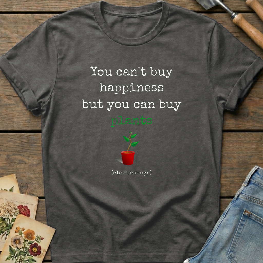 Can't Buy Happiness T-Shirt in Pepper - Comfort Colors 1717 flat lay