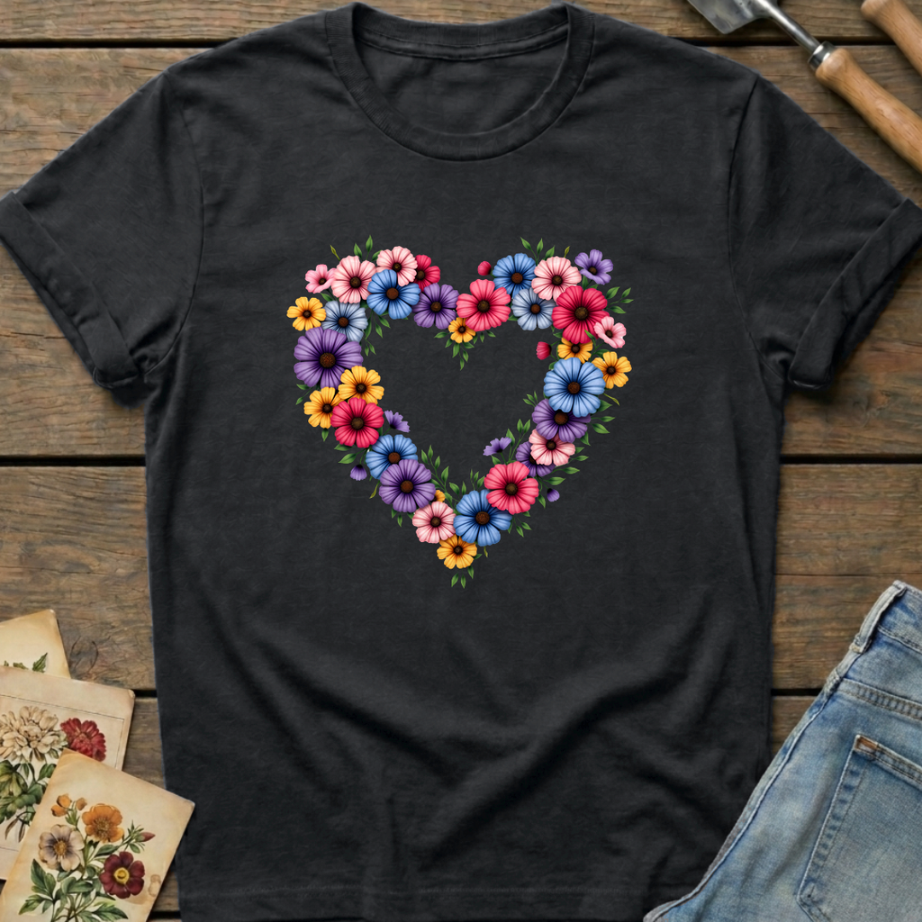 Heart Flowers T-Shirt in Black - Comfort Colors 1717 flat lay