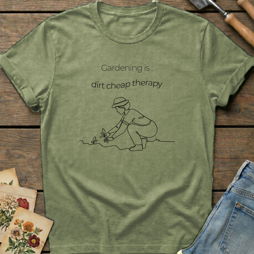 Gardening Dirt Cheap Therapy T-Shirt in Moss - Comfort Colors 1717 flat lay