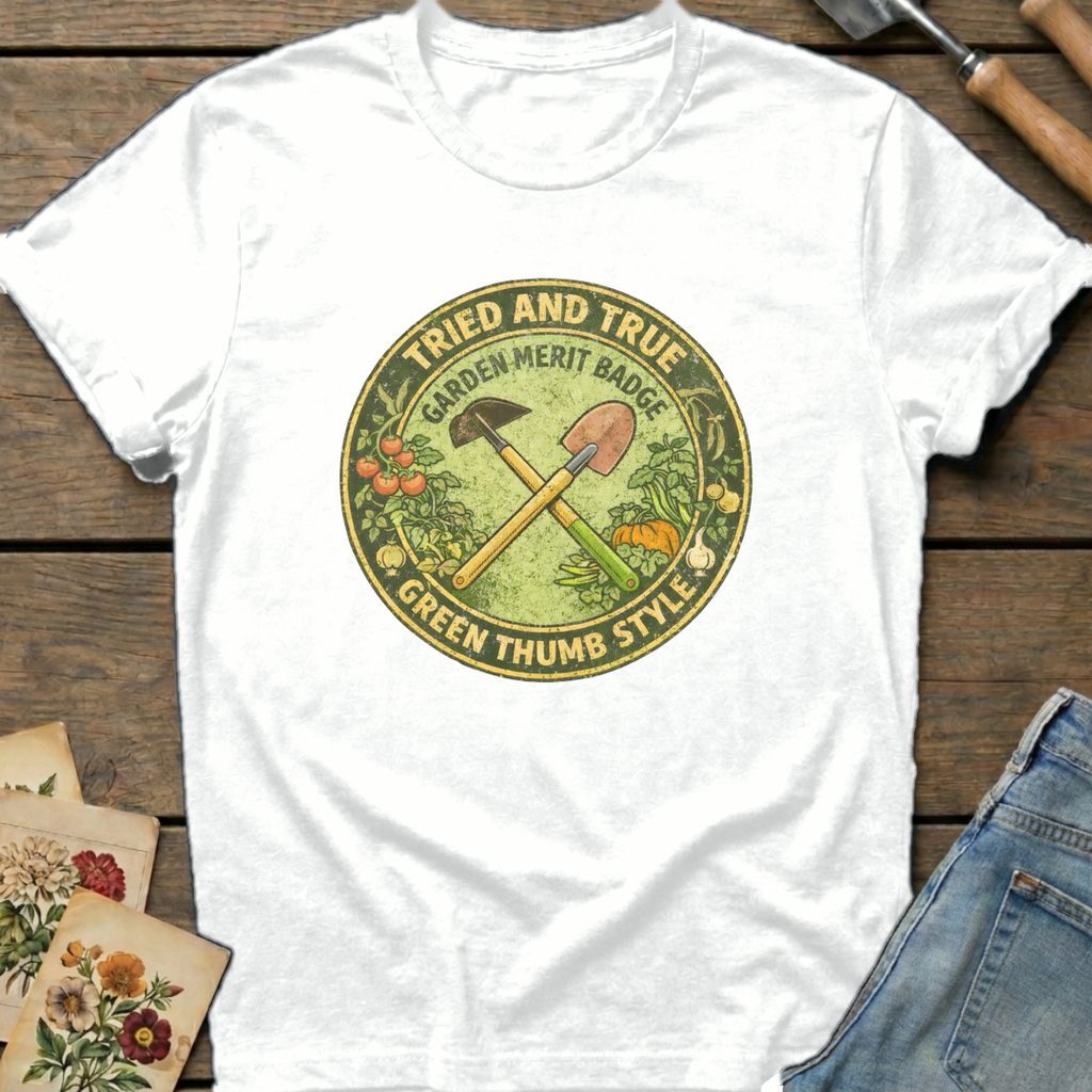 Garden Merit Badge in White - Comfort Colors 1717 flat lay