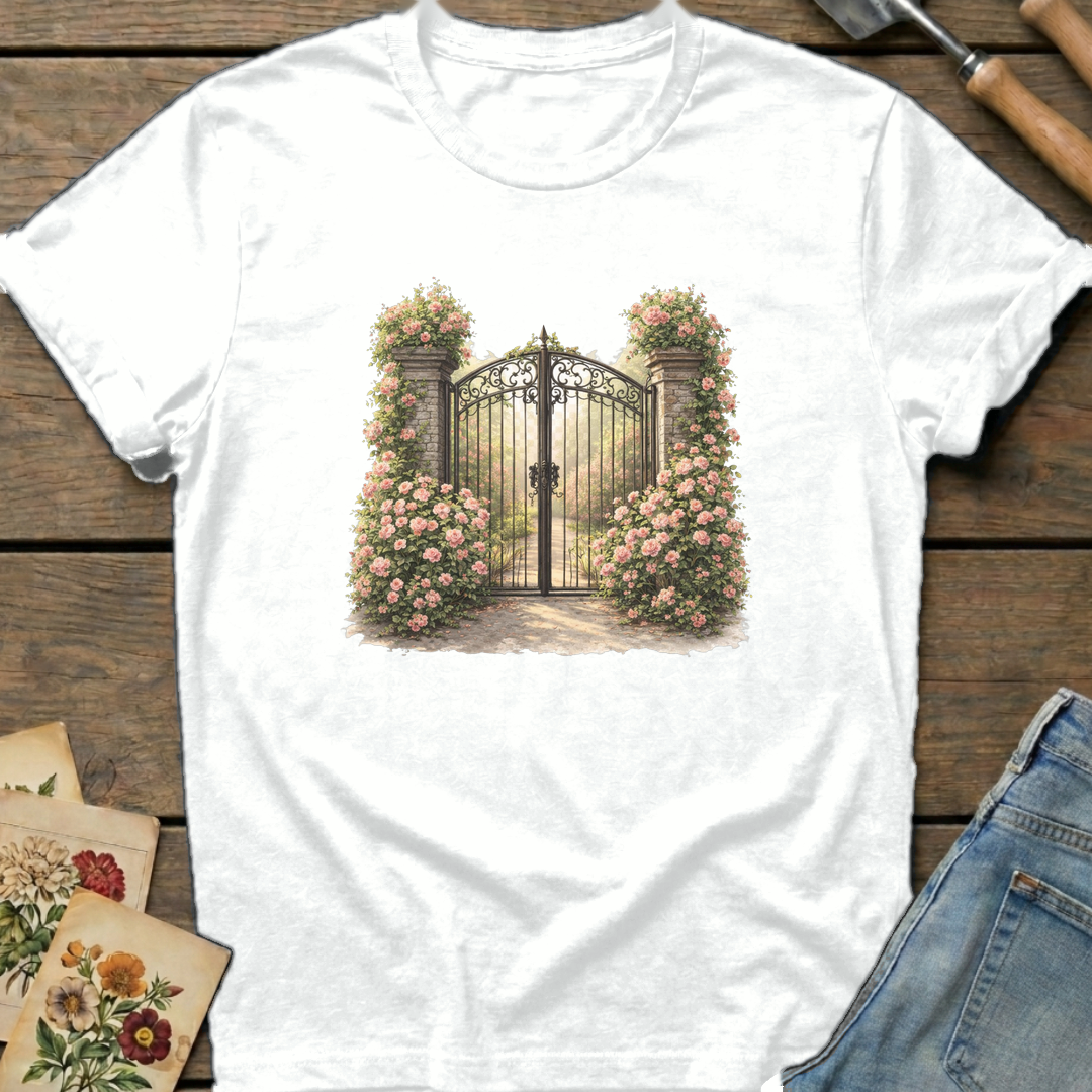 Climbing Rose Entrance T-shirt in White - Comfort Colors 1717 flat lay