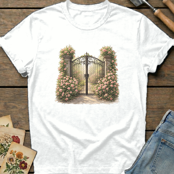 Climbing Rose Entrance T-shirt in White - Comfort Colors 1717 flat lay
