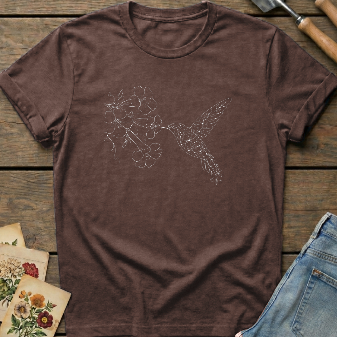 Hummingbird Trumpet Vine T-Shirt in Espresso - Comfort Colors 1717 flat lay