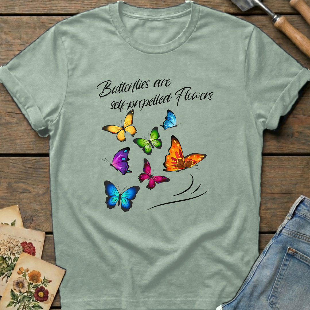 Butterflies are self-propelled Flowers T-shirt in Bay - Comfort Colors 1717 flat lay