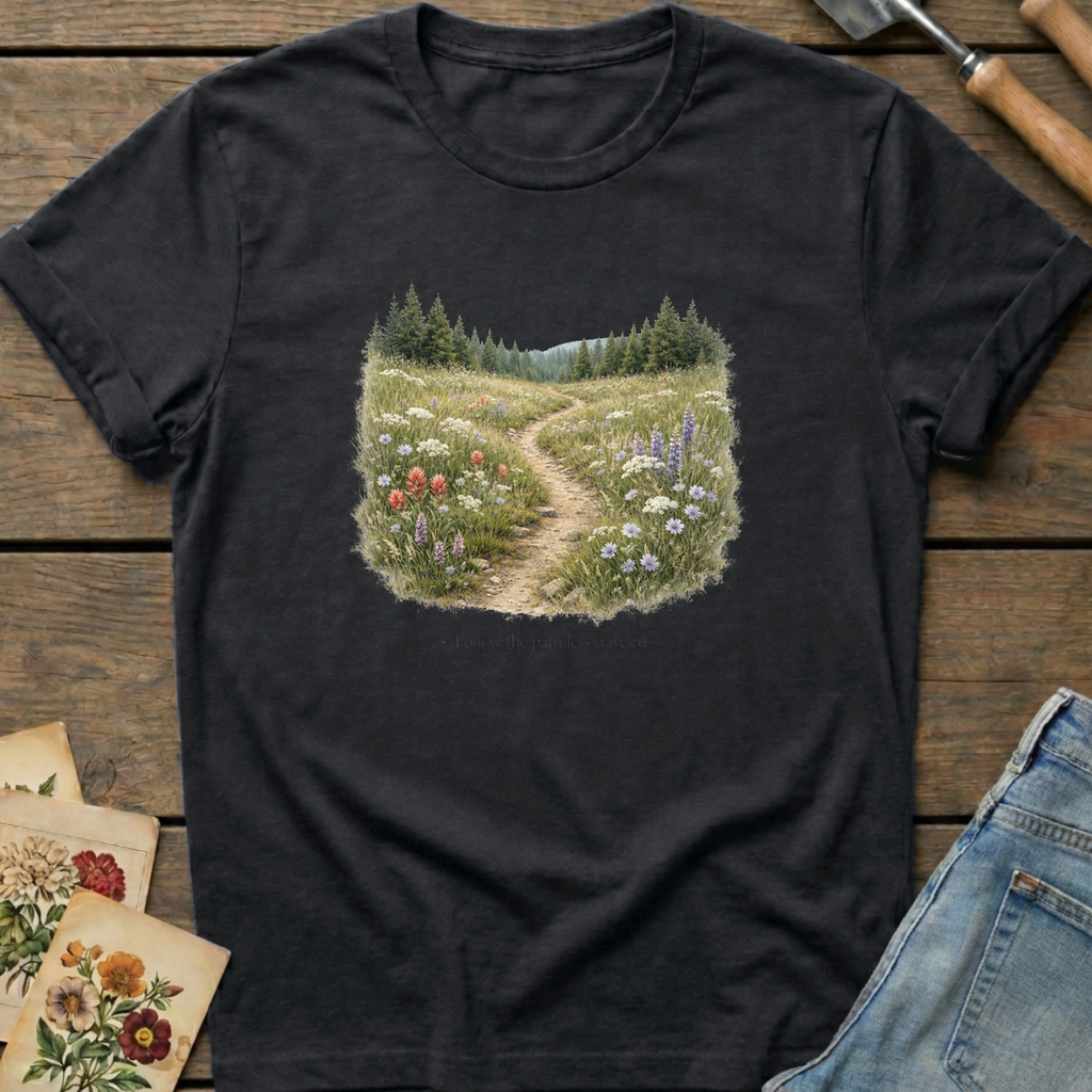 Follow the Path Less Traveled T-shirt in Black - Comfort Colors 1717 flat lay