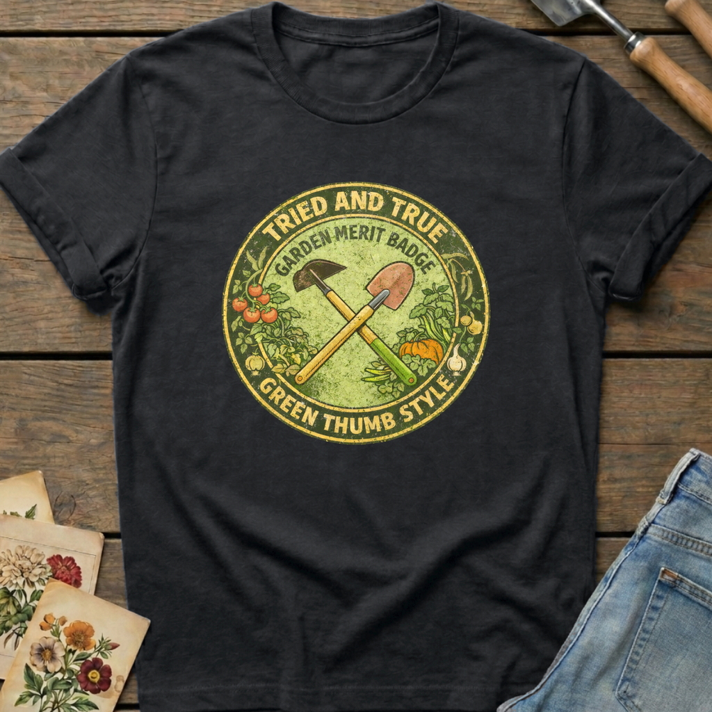 Garden Merit Badge in Black - Comfort Colors 1717 flat lay