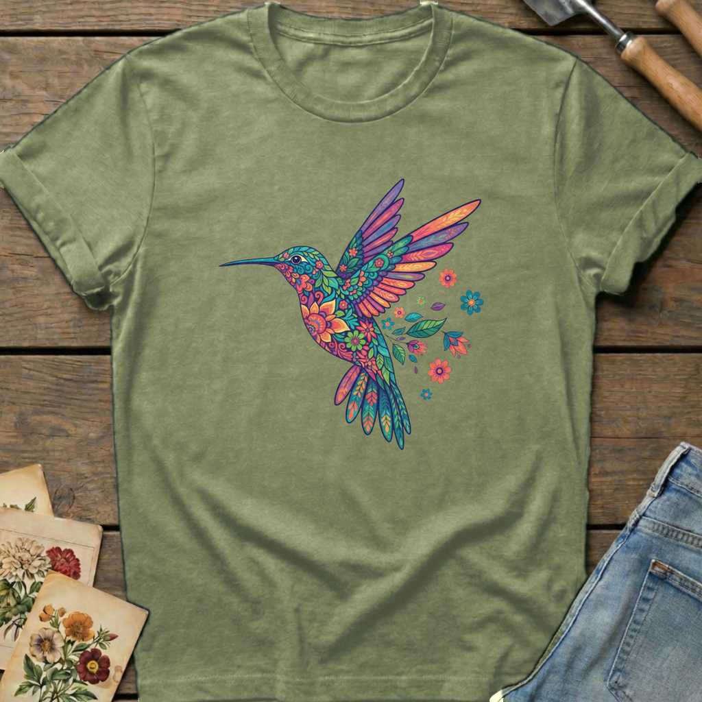 Gem Flower Hummingbird T-shirt in Moss - Comfort Colors 1717 flat lay