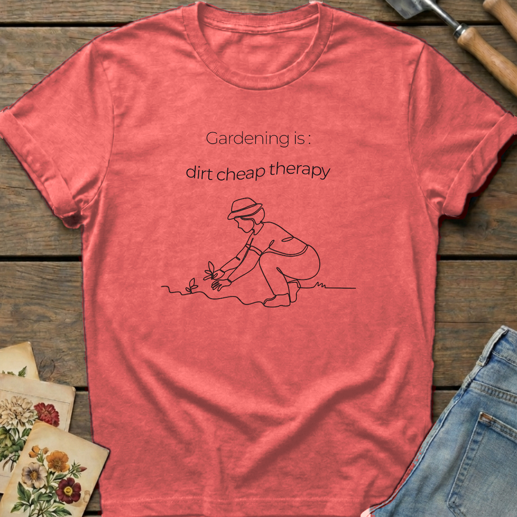 Gardening Dirt Cheap Therapy T-Shirt in Watermelon - Comfort Colors 1717 flat lay