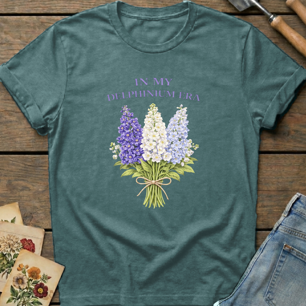 Delphinium Era T-Shirt in Blue Spruce - Comfort Colors 1717 flat lay