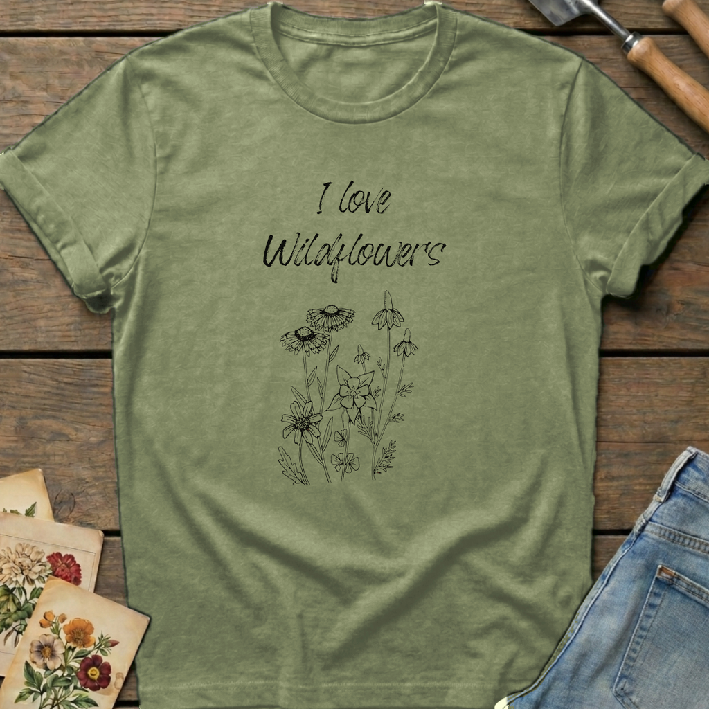I Love Wild Flowers T-Shirt in Moss - Comfort Colors 1717 flat lay
