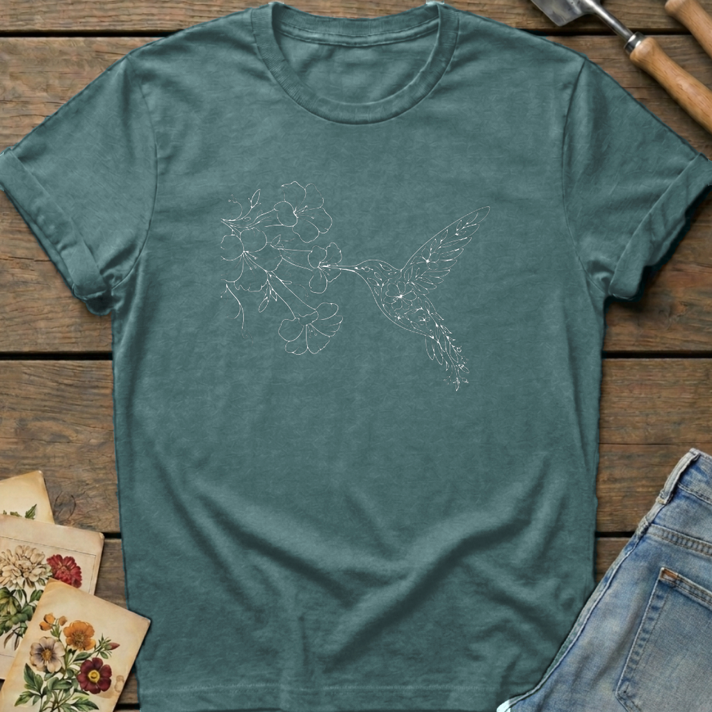 Hummingbird Trumpet Vine T-Shirt in Blue Spruce - Comfort Colors 1717 flat lay