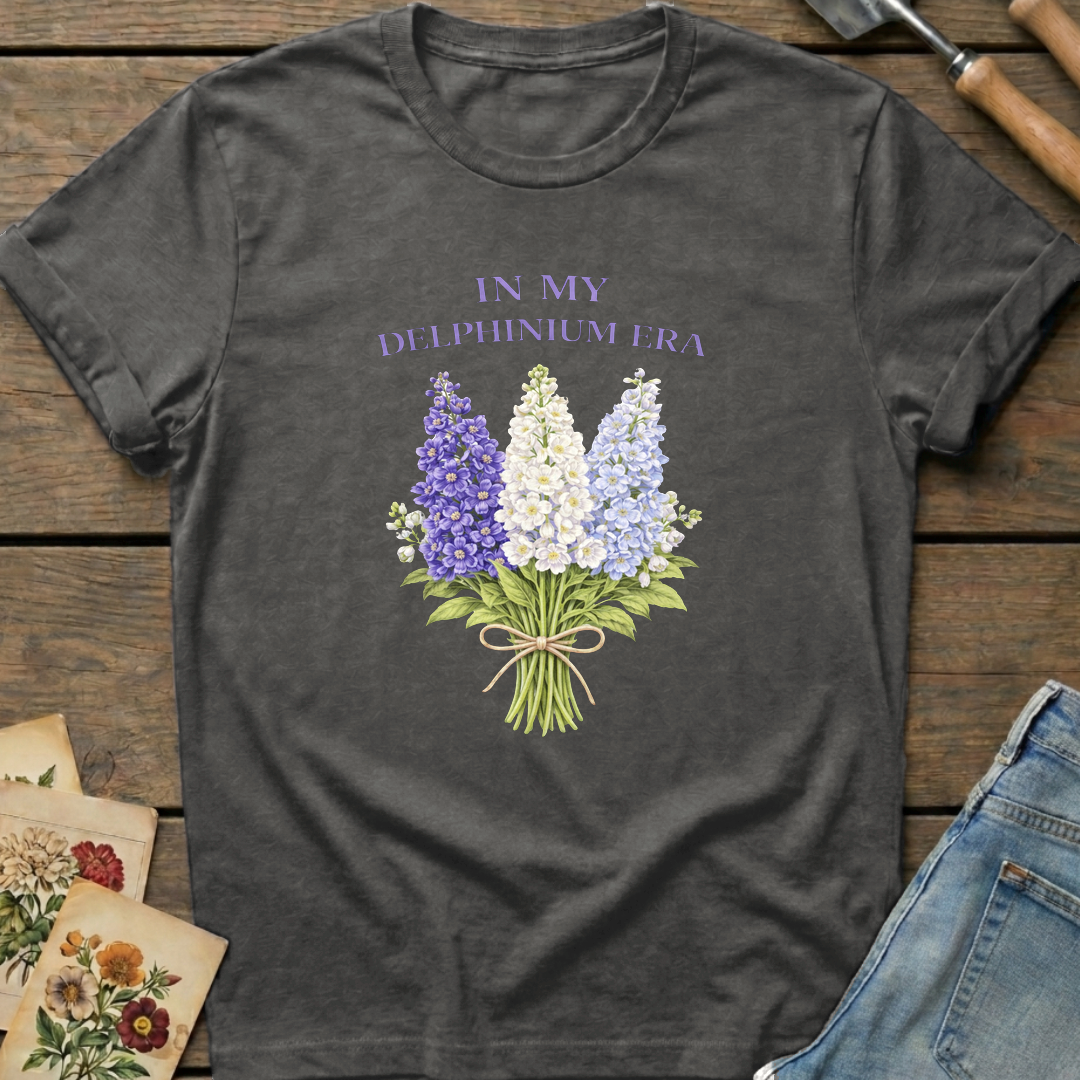 Delphinium Era T-Shirt in Pepper - Comfort Colors 1717 flat lay