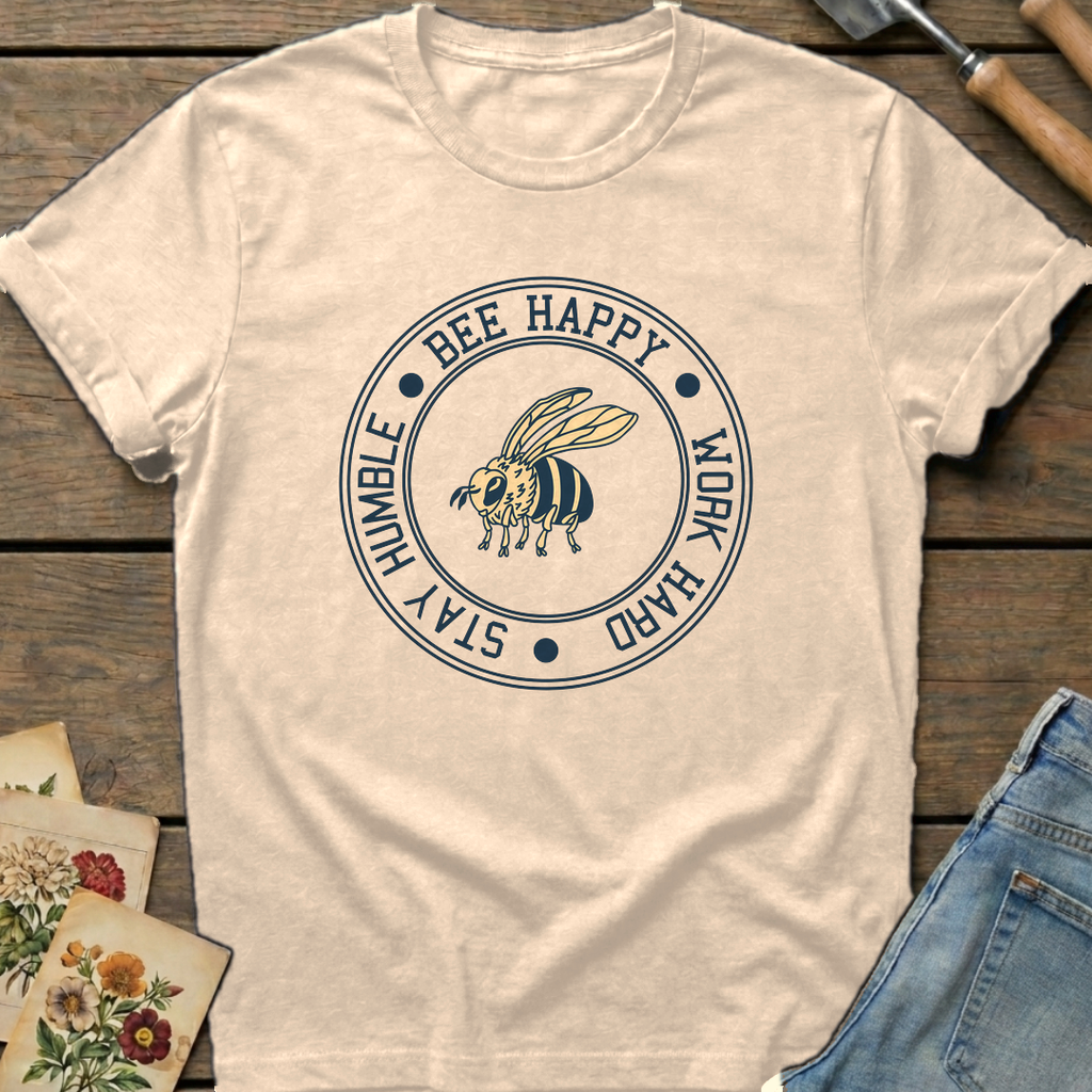 Happy, Work, Humble Bee T-Shirt in Ivory - Comfort Colors 1717 flat lay
