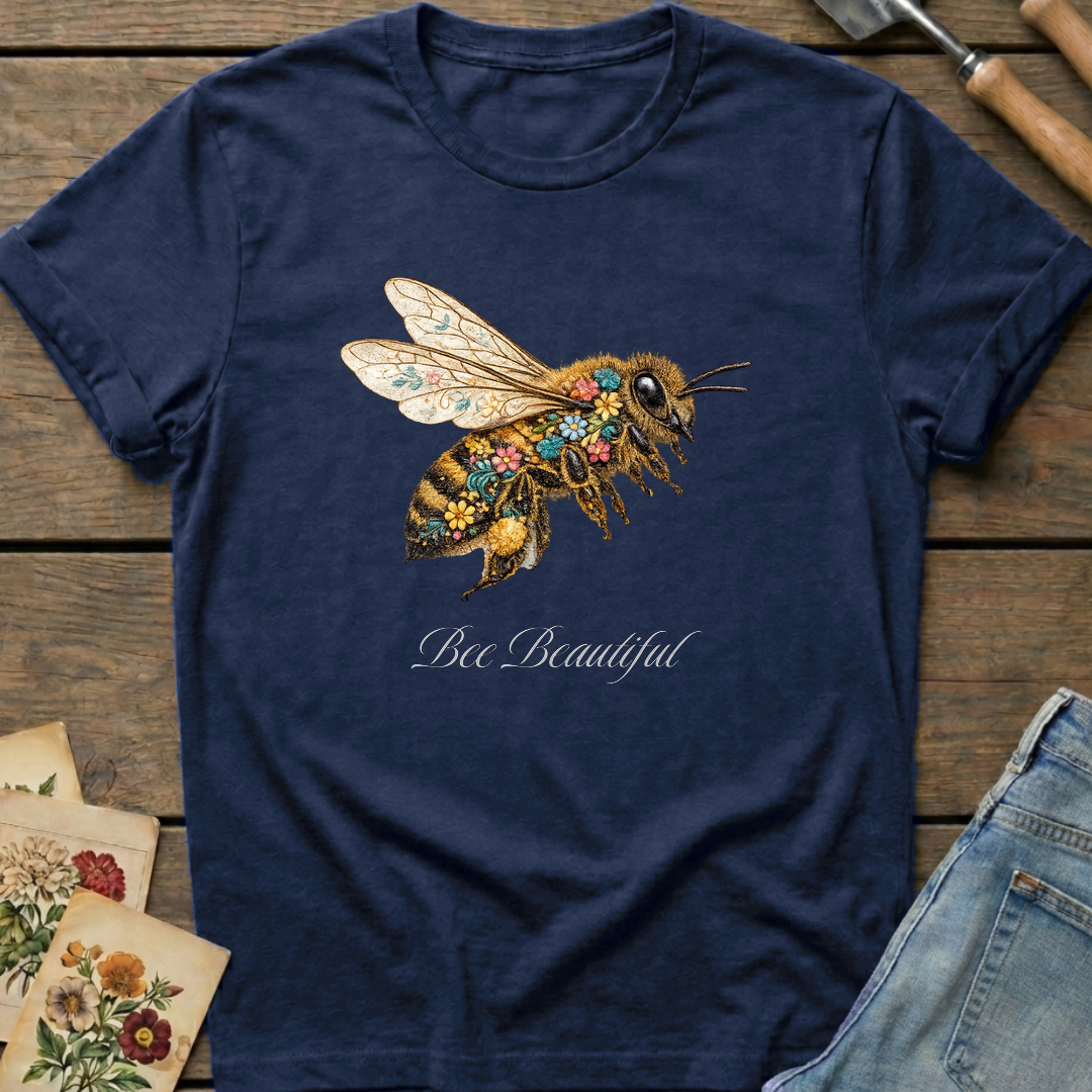 Bee Beautiful T-shirt in Midnight - Comfort Colors 1717 flat lay