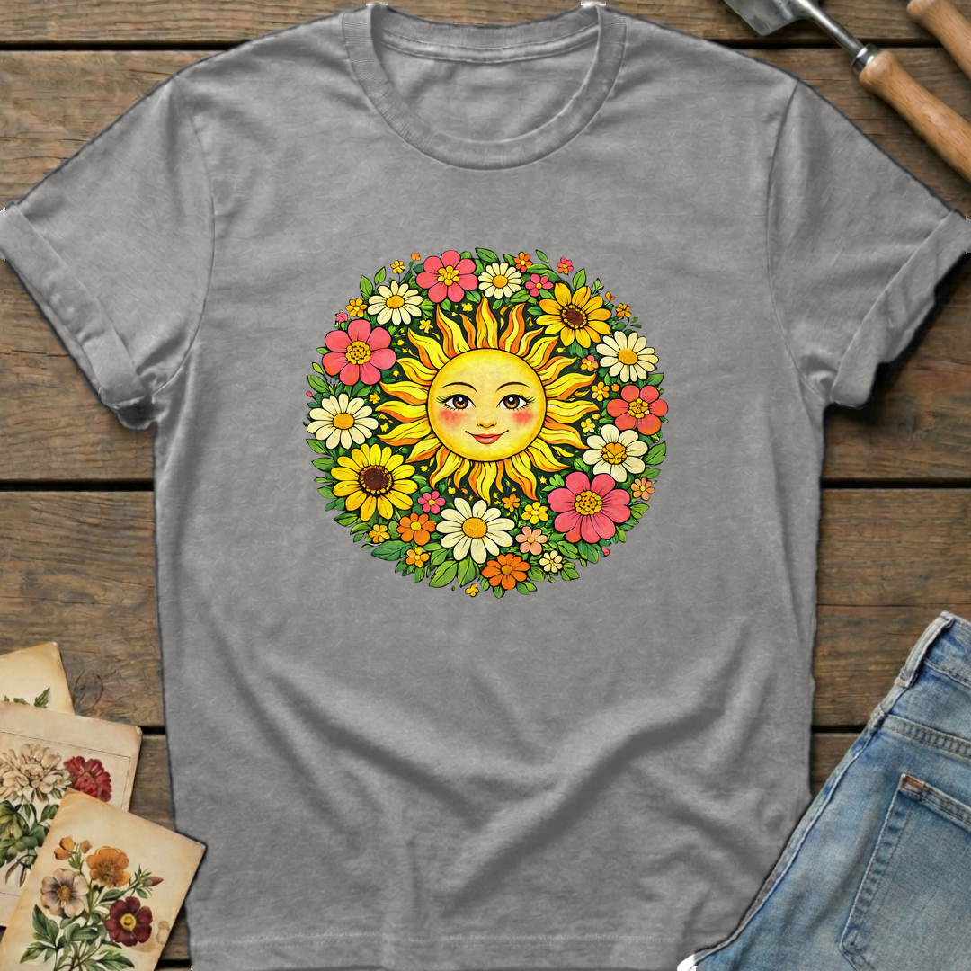 Radiant Sun Face in Grey - Comfort Colors 1717 flat lay
