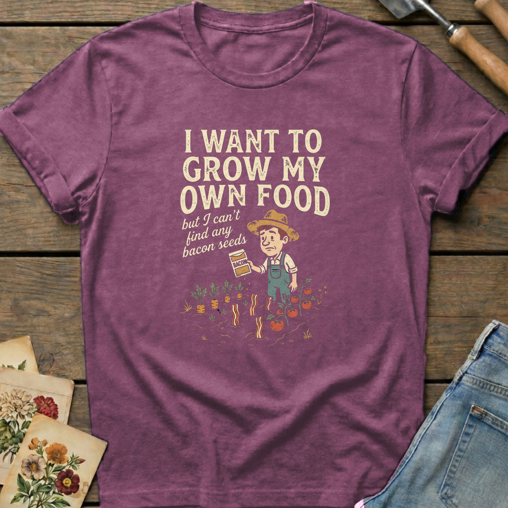 Bacon Seeds T-Shirt in Berry - Comfort Colors 1717 flat lay
