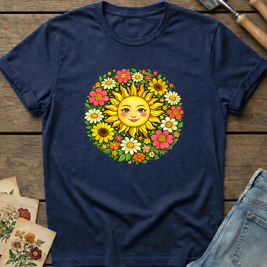 Radiant Sun Face in Midnight - Comfort Colors 1717 flat lay