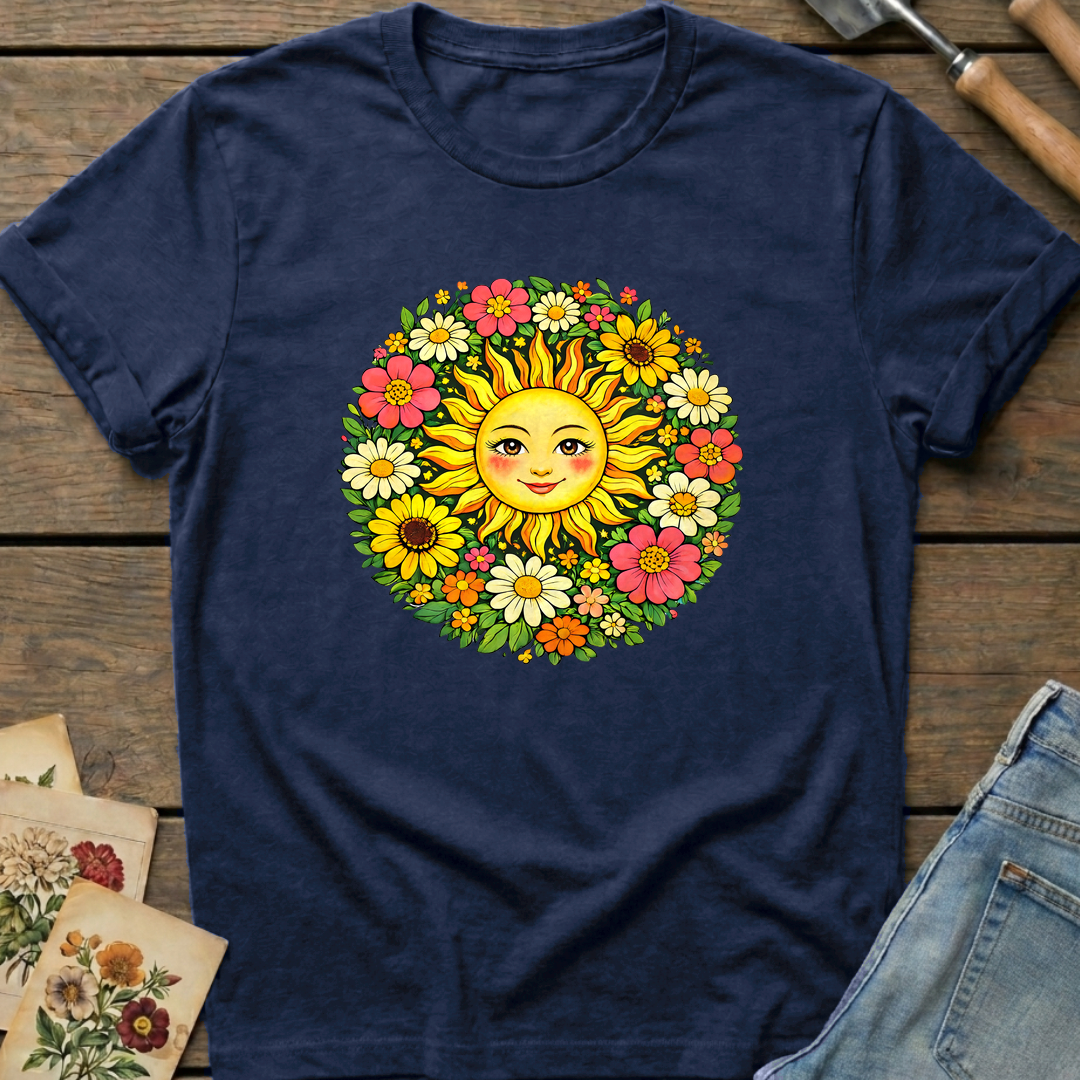 Radiant Sun Face in Midnight - Comfort Colors 1717 flat lay