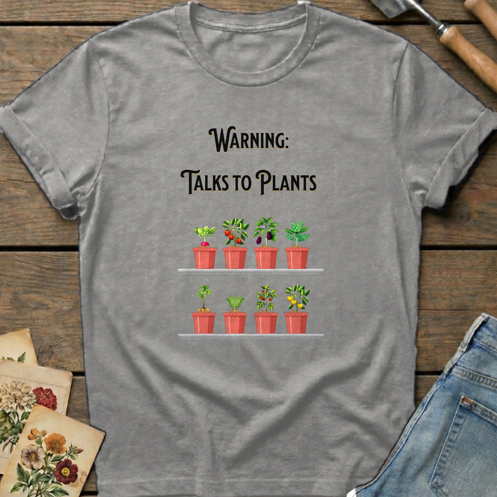 Warning Talks to Plants T-Shirt in Grey - Comfort Colors 1717 flat lay