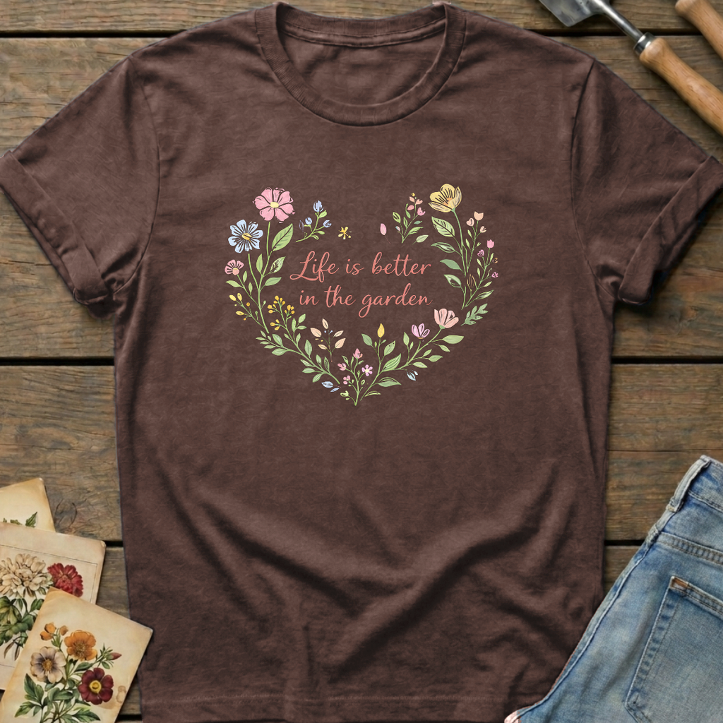 Life Better Garden T-Shirt in Espresso - Comfort Colors 1717 flat lay