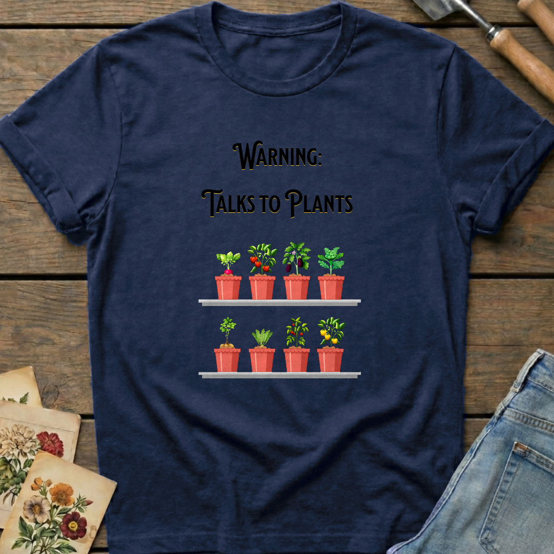 Warning Talks to Plants T-Shirt in Midnight - Comfort Colors 1717 flat lay