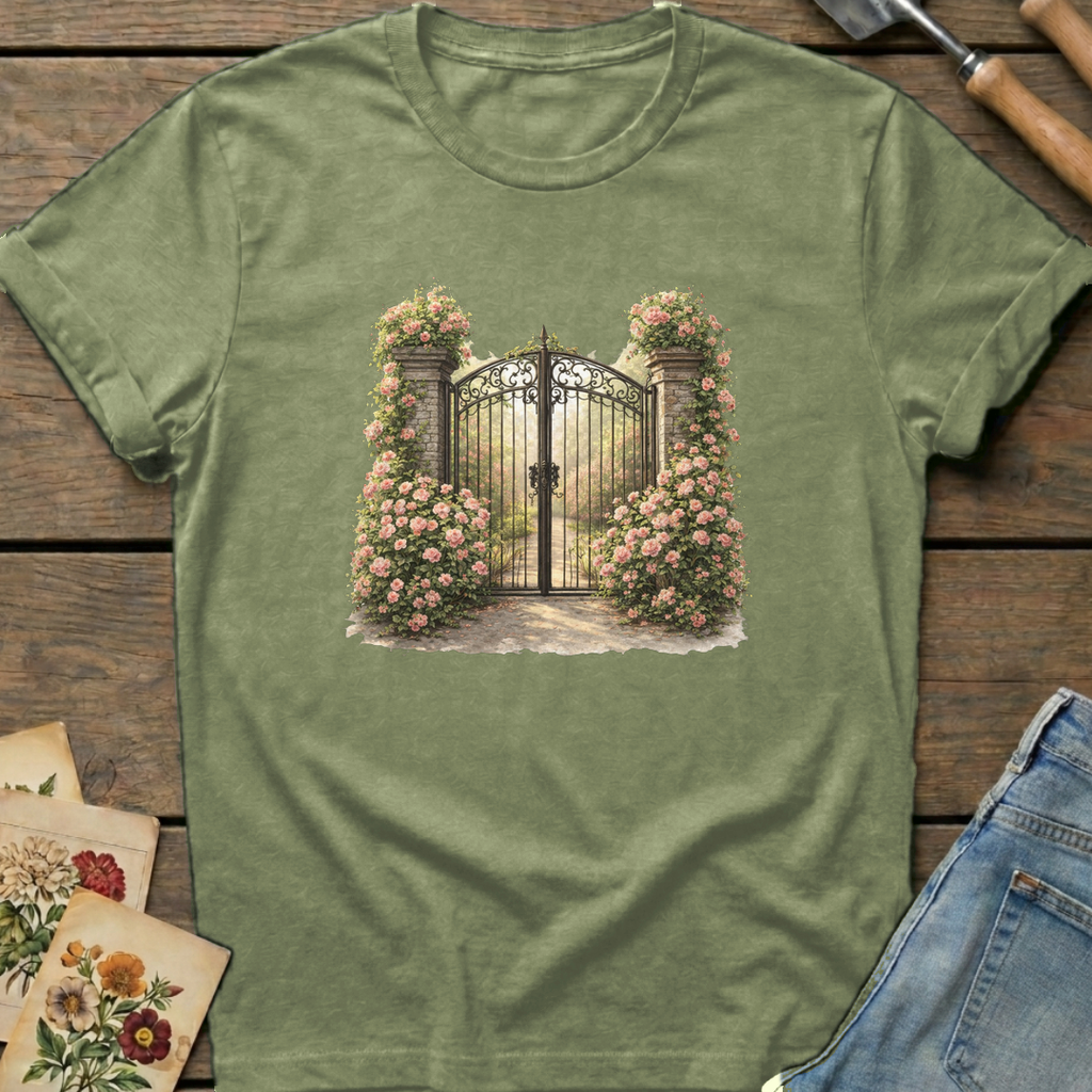 Climbing Rose Entrance T-shirt in Moss - Comfort Colors 1717 flat lay