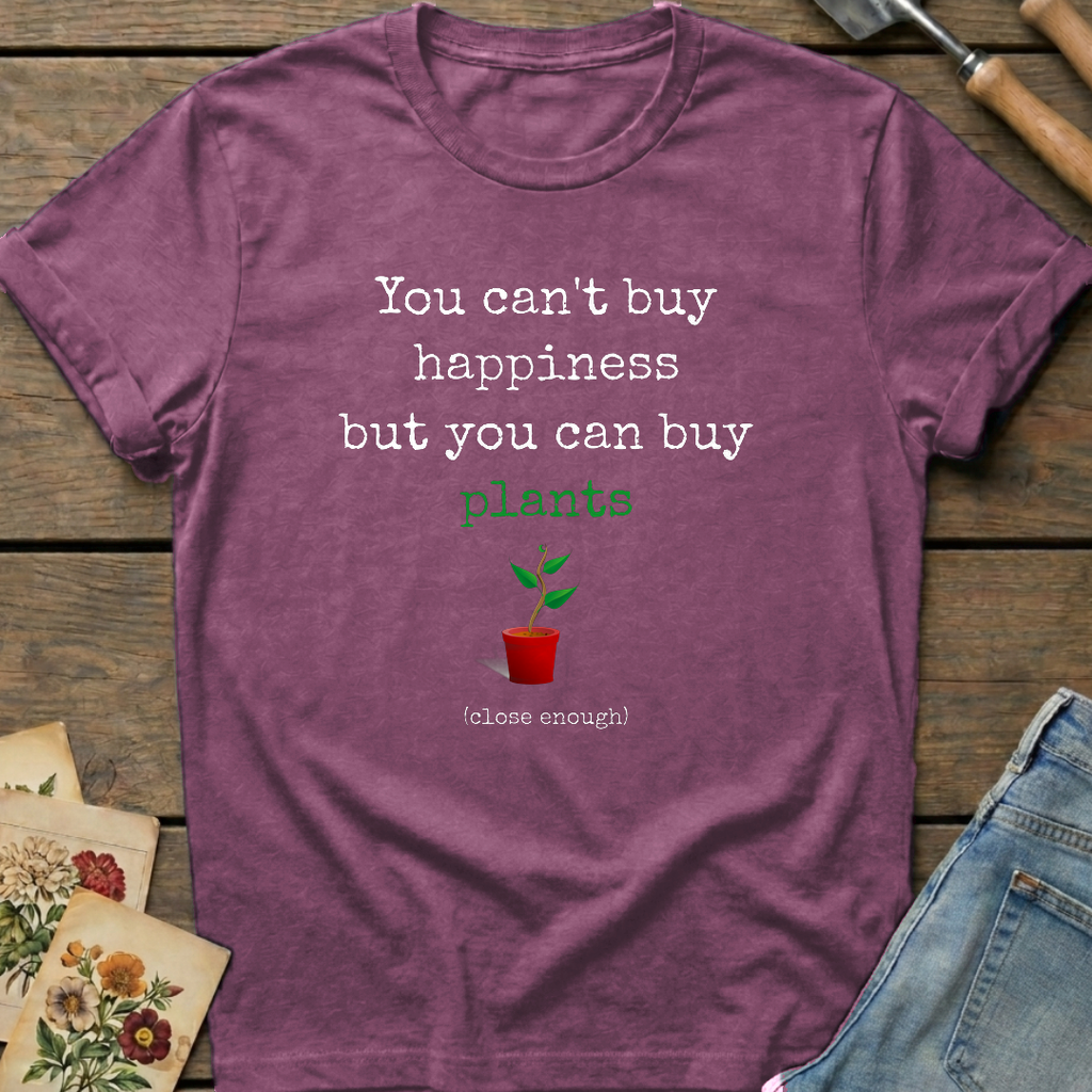Can't Buy Happiness T-Shirt in Berry - Comfort Colors 1717 flat lay
