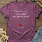 Can't Buy Happiness T-Shirt in Berry - Comfort Colors 1717 flat lay