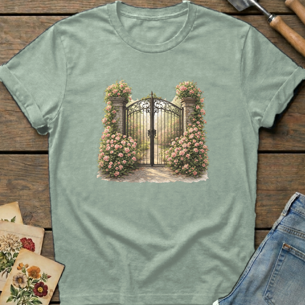 Climbing Rose Entrance T-shirt in Bay - Comfort Colors 1717 flat lay