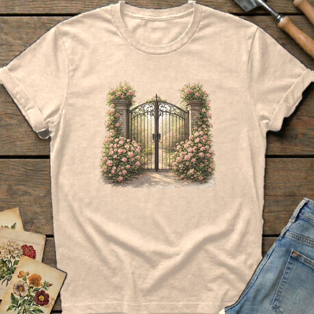 Climbing Rose Entrance T-shirt in Ivory - Comfort Colors 1717 flat lay