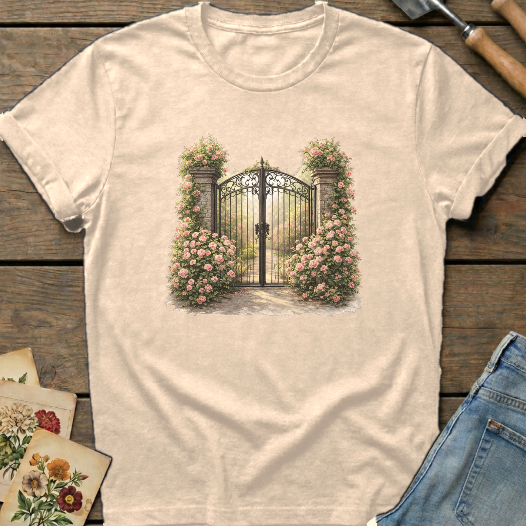 Climbing Rose Entrance T-shirt in Ivory - Comfort Colors 1717 flat lay