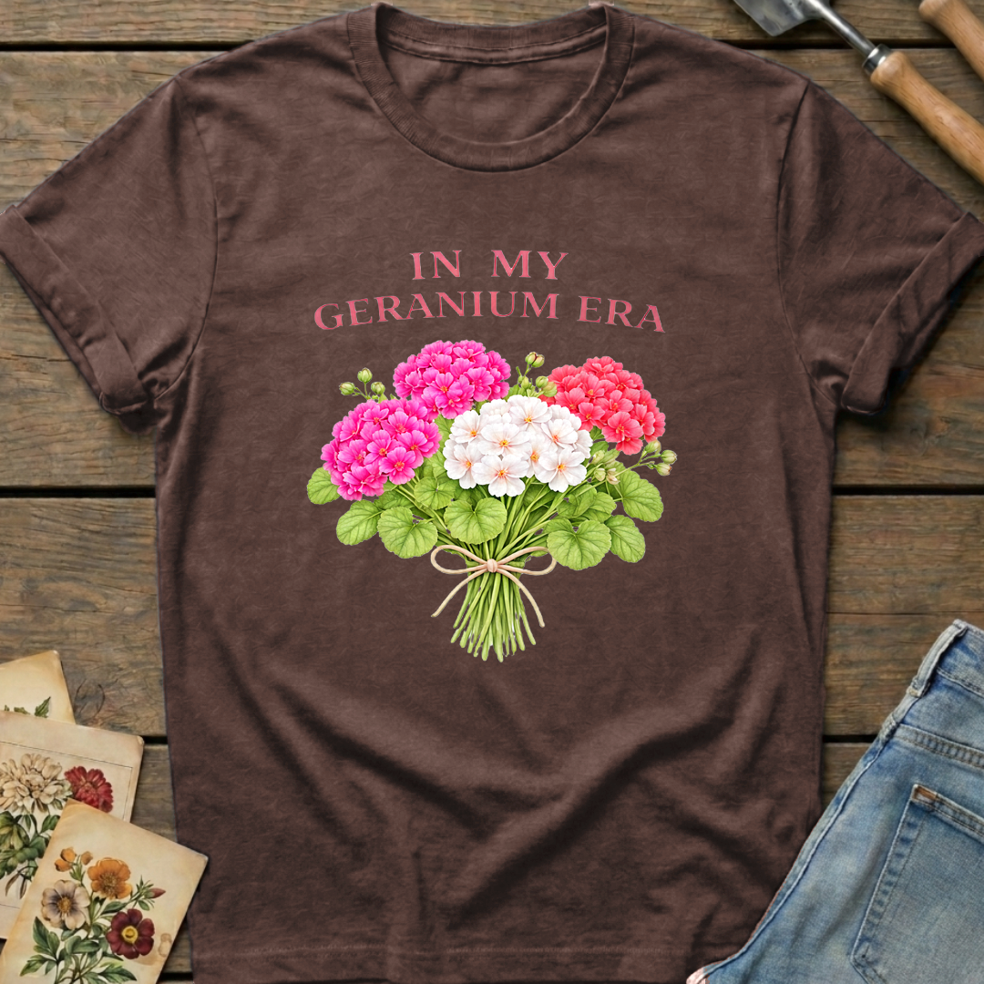 In My Geranium Era T-Shirt in Espresso - Comfort Colors 1717 flat lay