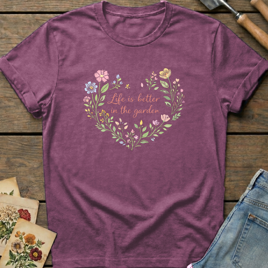 Life Better Garden T-Shirt in Berry - Comfort Colors 1717 flat lay