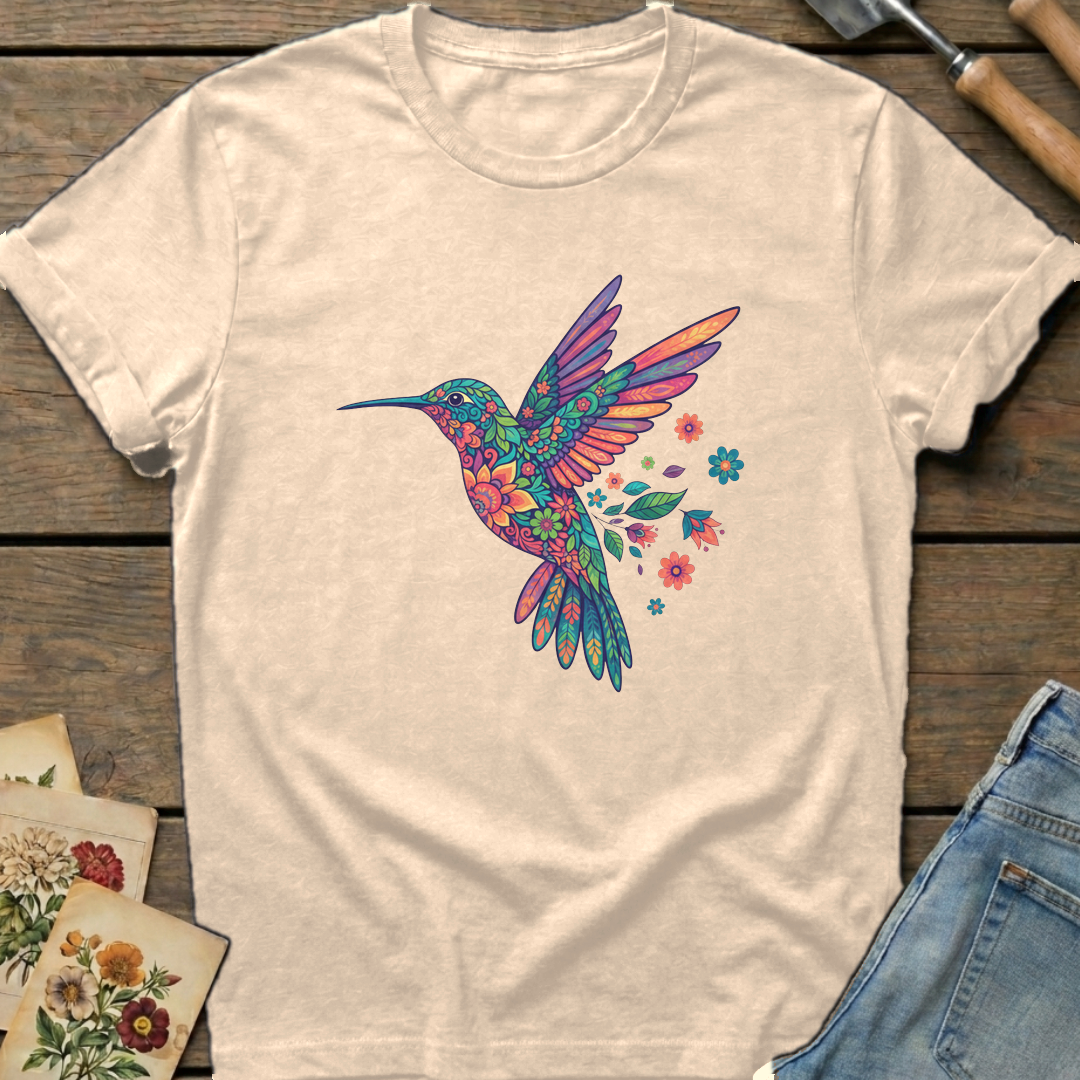 Gem Flower Hummingbird T-shirt in Ivory - Comfort Colors 1717 flat lay