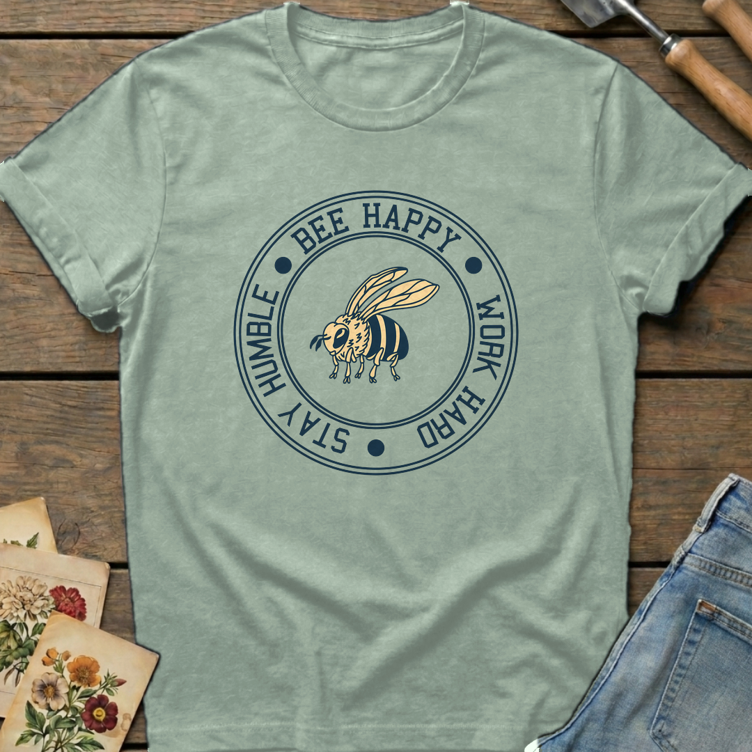 Happy, Work, Humble Bee T-Shirt in Bay - Comfort Colors 1717 flat lay