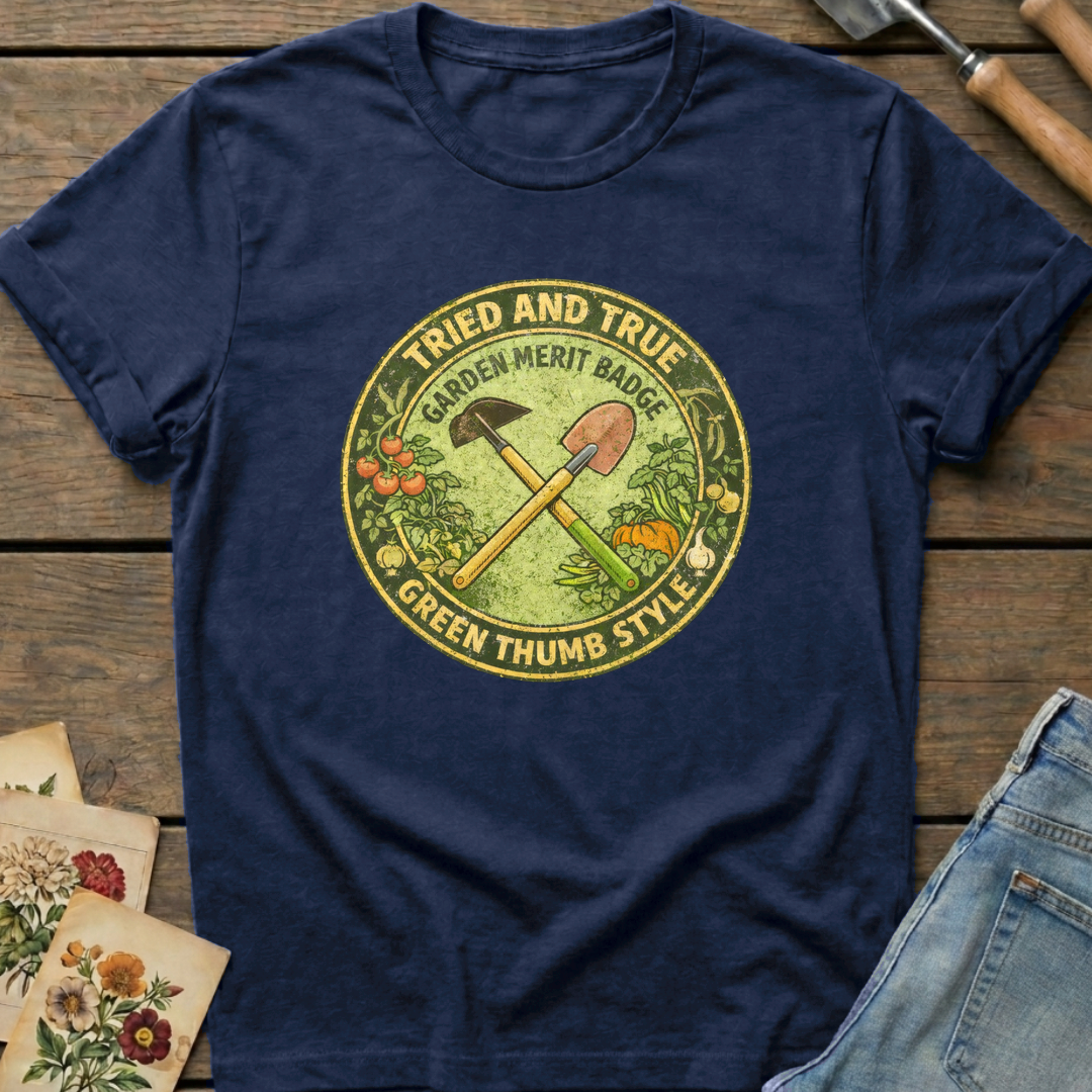 Garden Merit Badge in Midnight - Comfort Colors 1717 flat lay