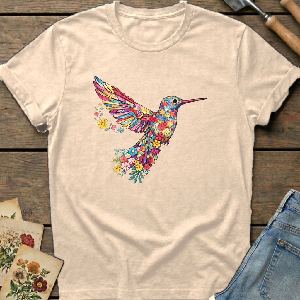 Embroidered Hummingbird (faux)T-shirt in Ivory - Comfort Colors 1717 flat lay