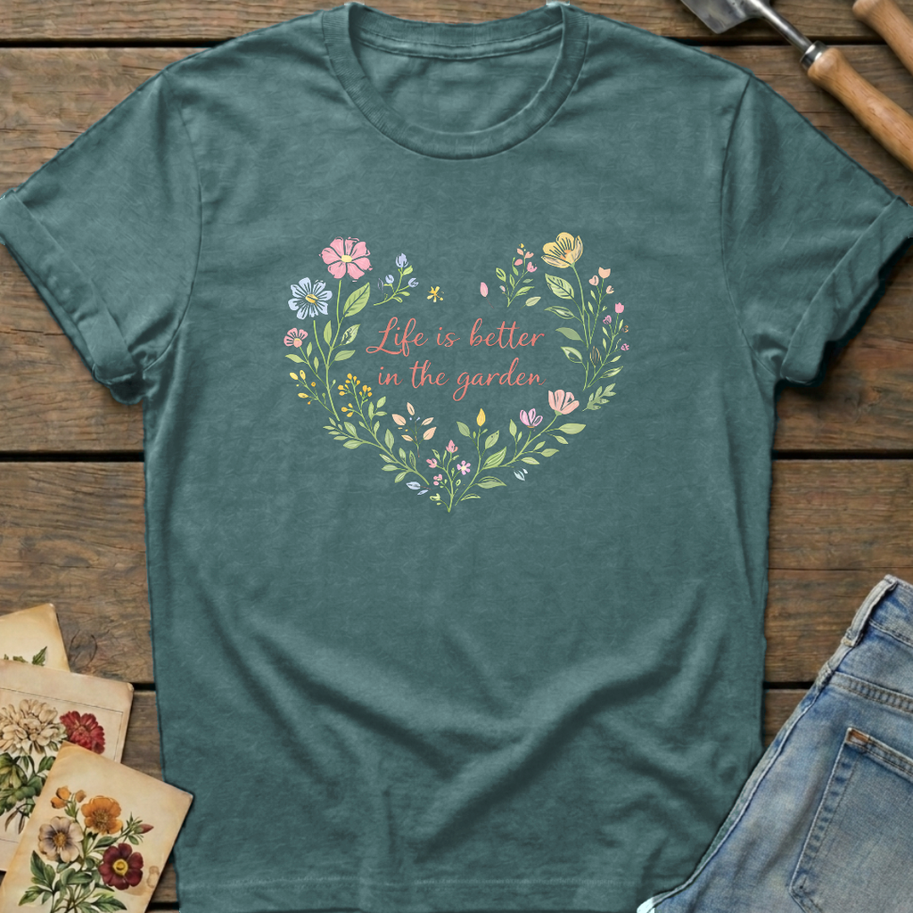Life Better Garden T-Shirt in Blue Spruce - Comfort Colors 1717 flat lay